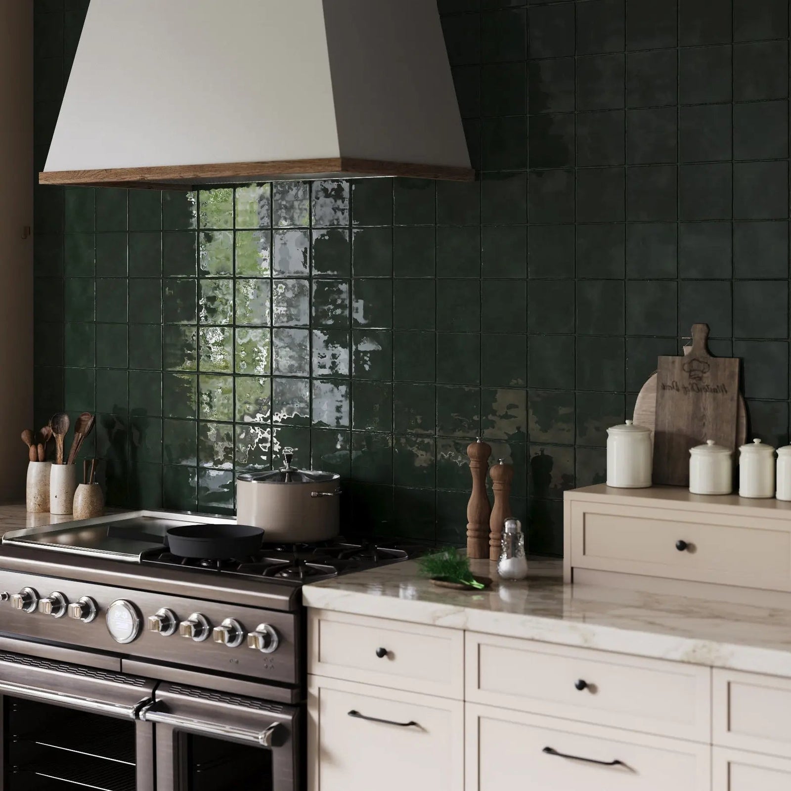 Remy Olive Square Ceramic Tile 10x10cm in a bathroom setting