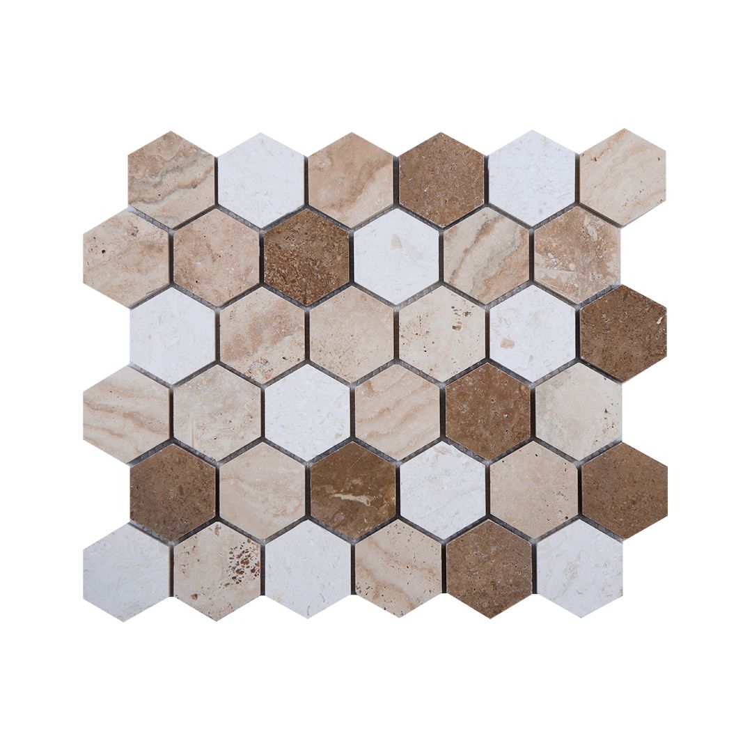 Honed travertine hexagon mosaic sheet blending biscuit beige and walnut brown pieces