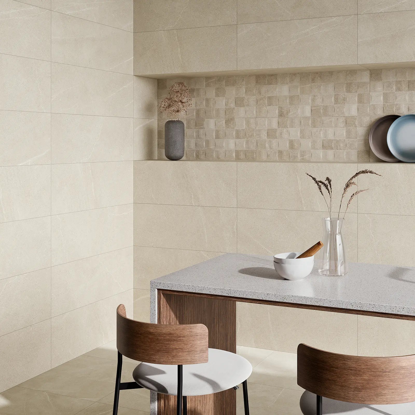 Bellevue Ivory Light PI Decor 30 x 60cm glazed ceramic stone effect decorative tile room setting