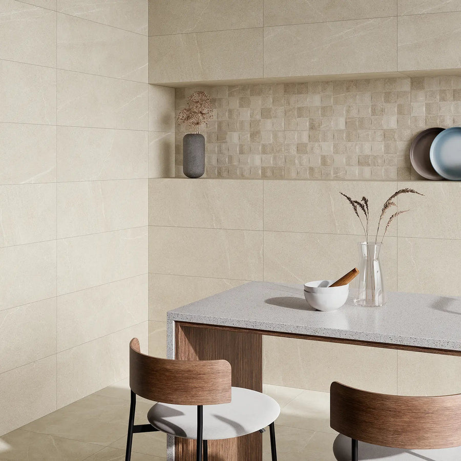 Bellevue Ivory Light PI Decor 30 x 60cm glazed ceramic stone effect decorative tile room setting