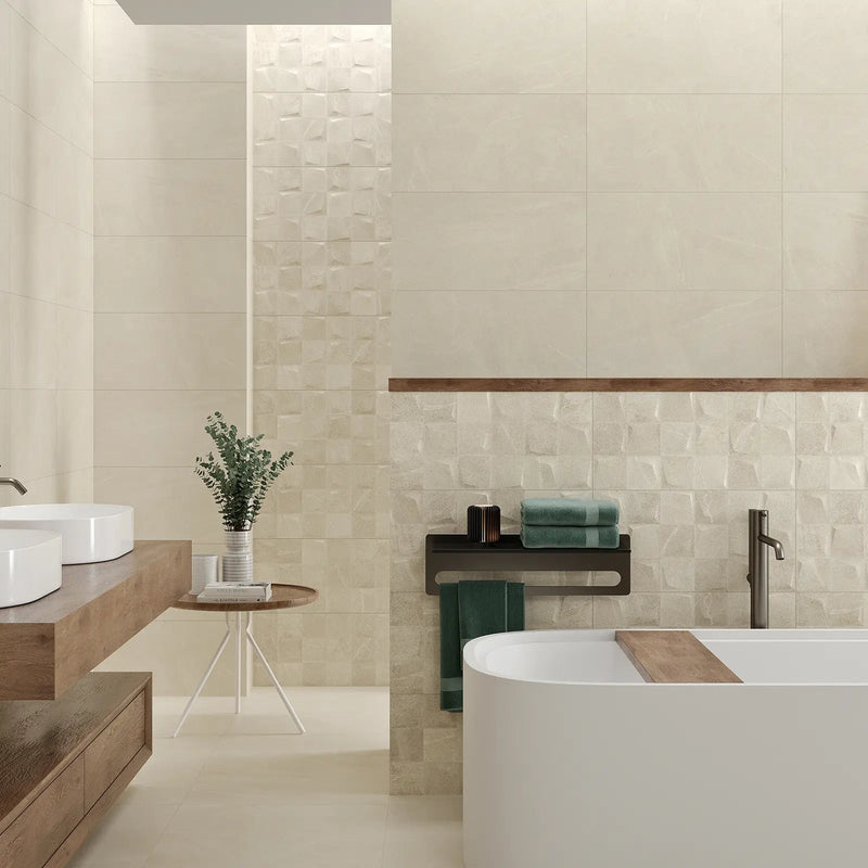 Bellevue Ivory 45 x 45cm glazed porcelain stone effect tile room setting