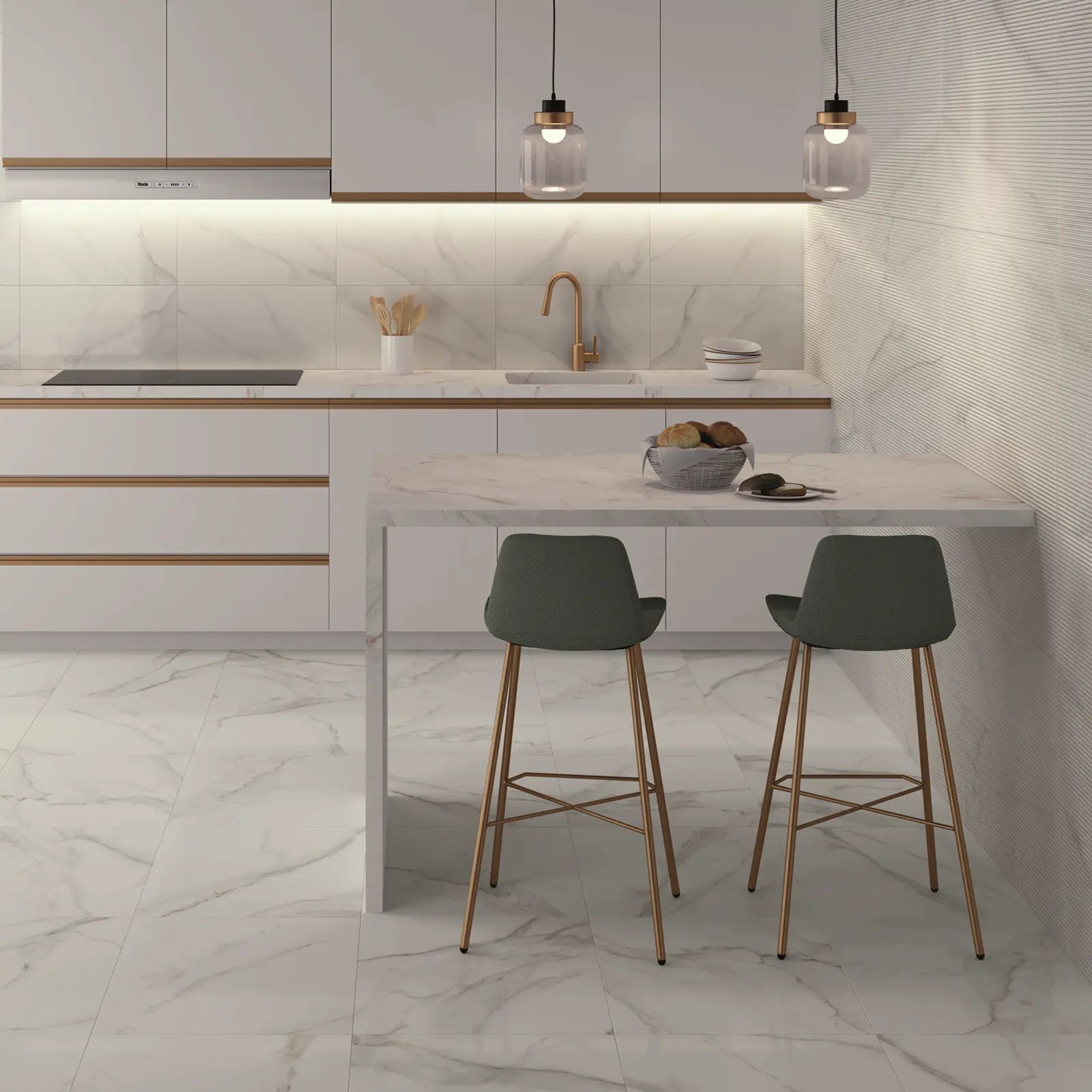 Lumiere White Satin 30 x 60cm glazed porcelain marble effect room setting