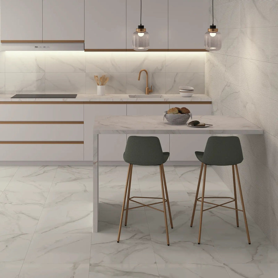 Lumiere White Satin 30 x 60cm glazed porcelain marble effect room setting