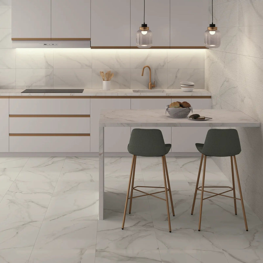 Lumiere White Matt Floor 60 x 60cm glazed porcelain marble effect room setting