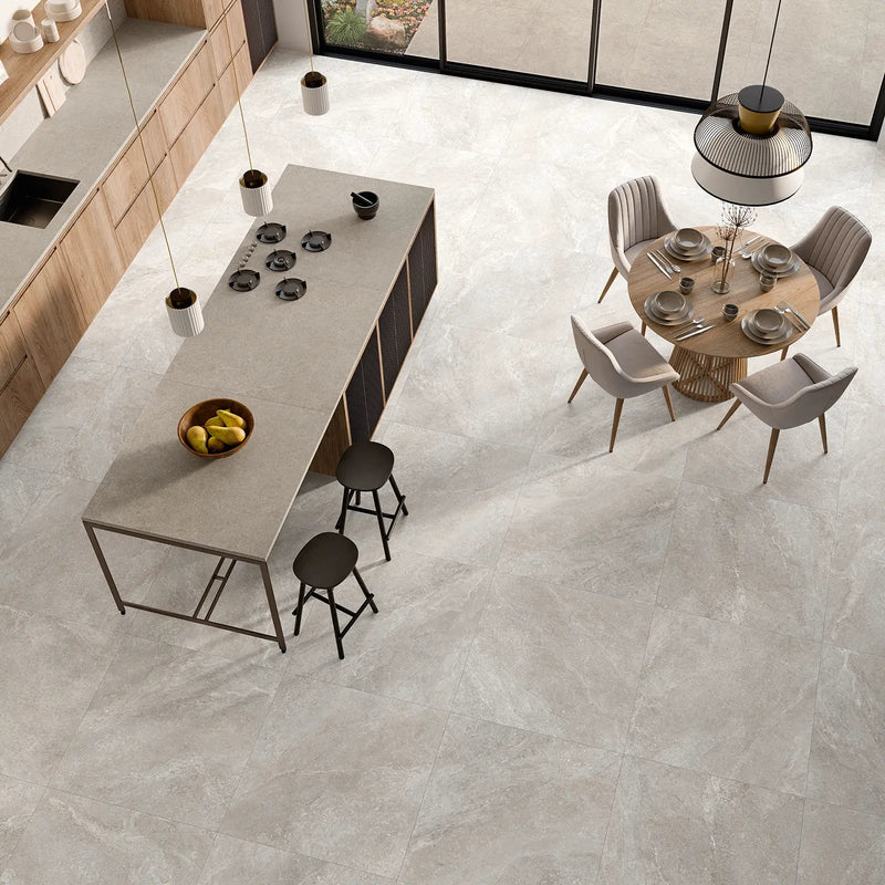 Forum Pearl Matt 100 x 100cm porcelain pearl grey concrete effect tile room setting