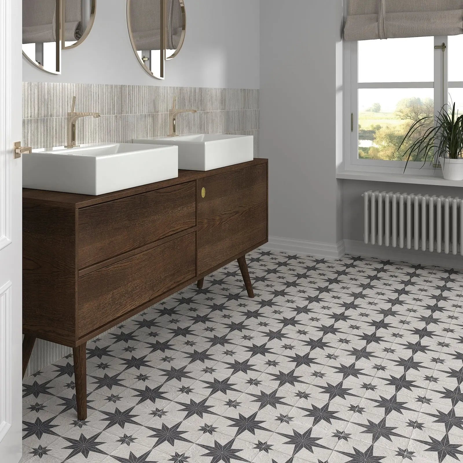 Star White 20 x 20cm white patterned porcelain tiles laid in a room setting