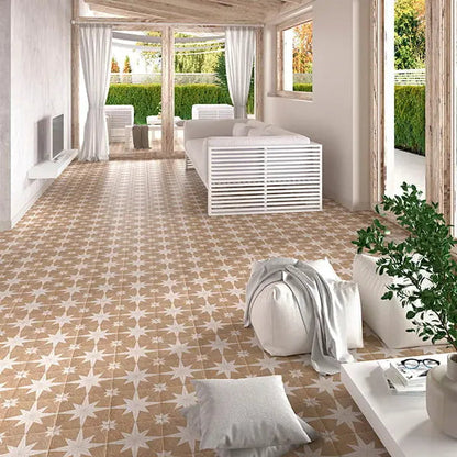 Star Sand patterned porcelain tiles in a warm interior