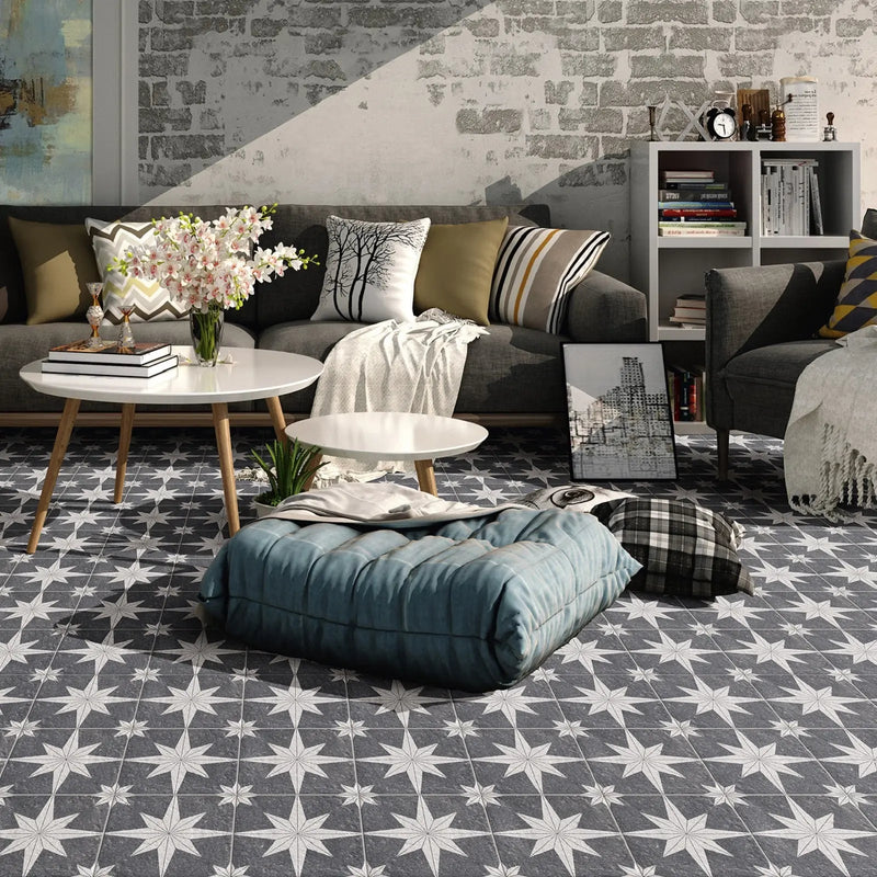Star Lava 20 x 20cm black patterned porcelain tiles laid in a room setting