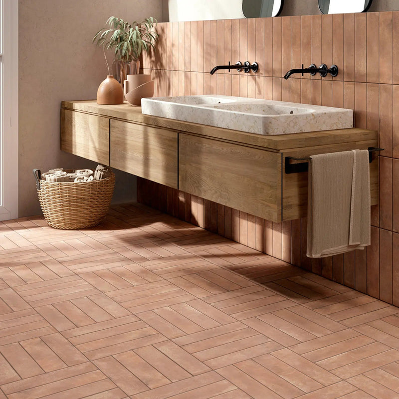 Terracotta Cotto rustic porcelain tile kitchen floor room setting