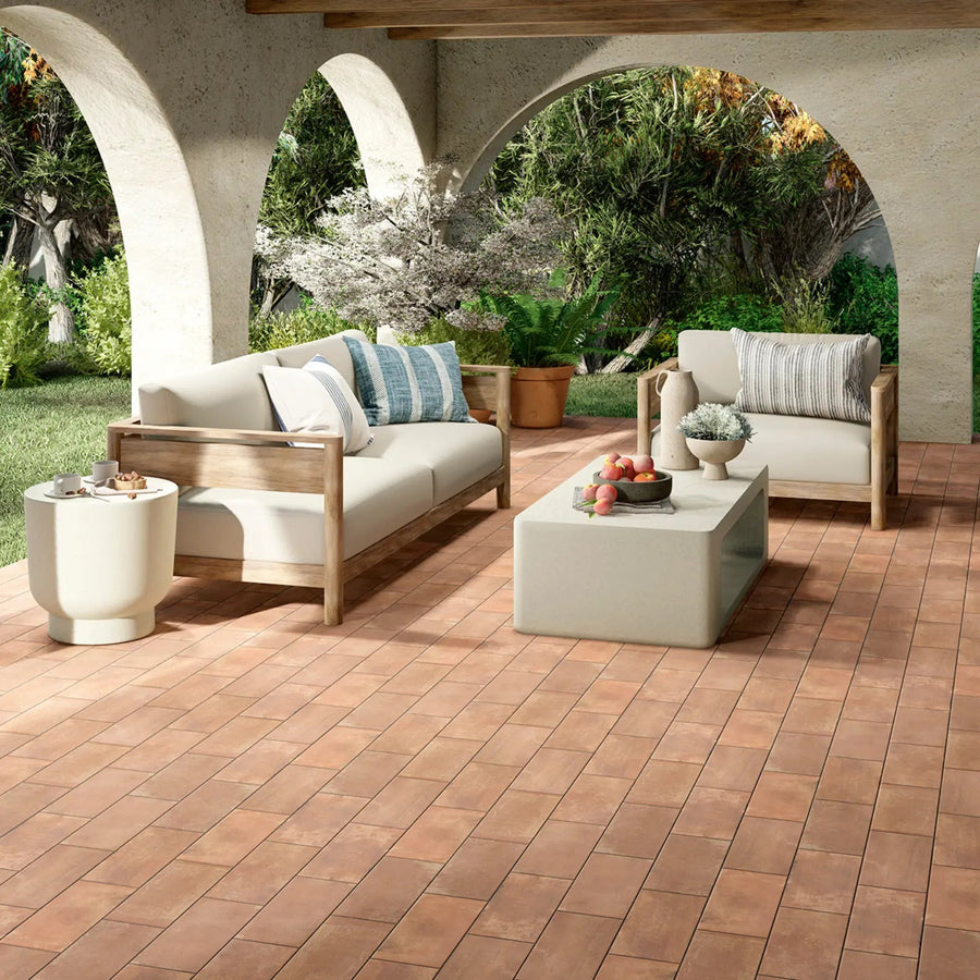 Terracotta Cotto rustic porcelain tile Mediterranean terrace setting