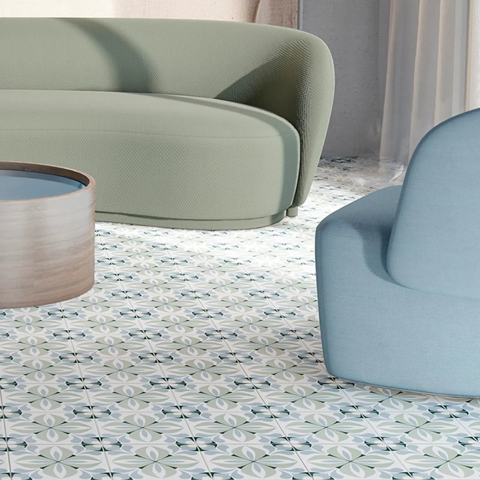 Belgravia Caen 20 x 20cm patterned green and blue porcelain tiles in a room setting
