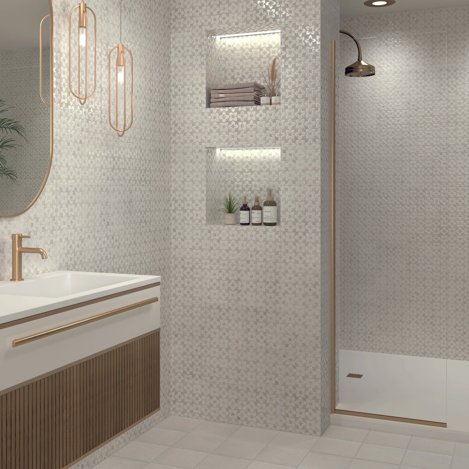 Modern bathroom with sink, mirror, and shower area.