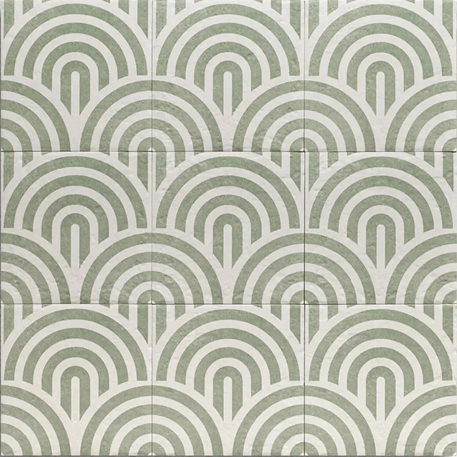 Tahoe Green Decor Three 20x20cm patterned porcelain tile laid canvas view