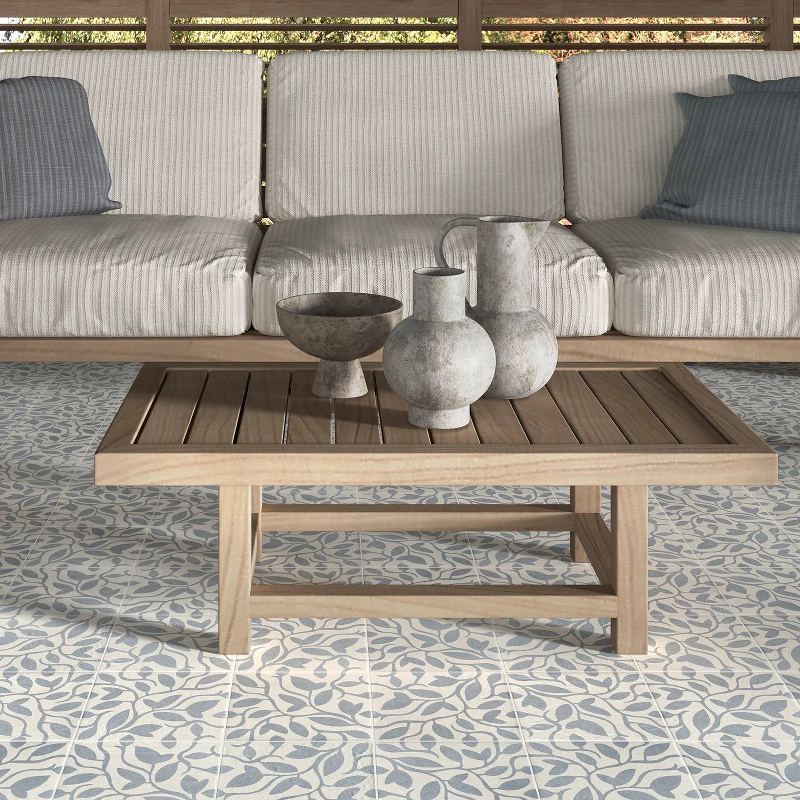 Tahoe Blue Decor Five 20x20cm patterned porcelain feature tile room setting
