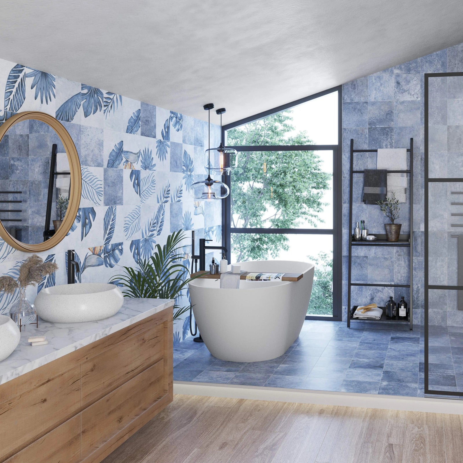 Nusa Sapphire 25 x 25cm Porcelain Tile in a bathroom setting