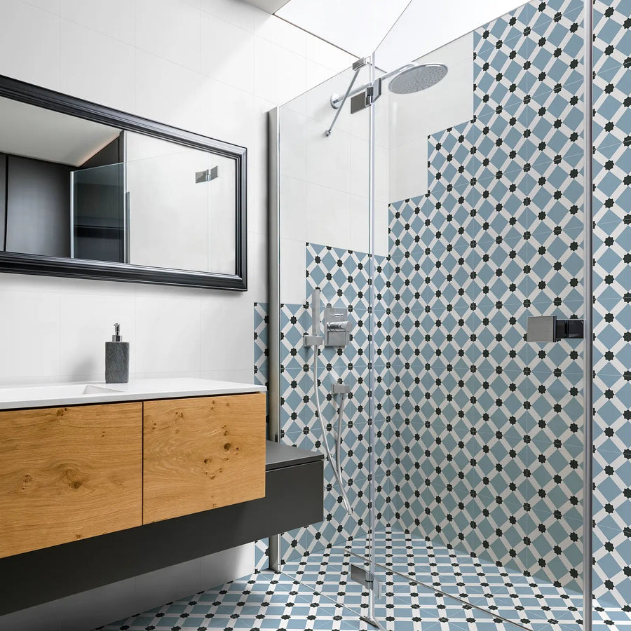 Barcelona Night Pattern 25 x 25cm patterned porcelain tile room setting