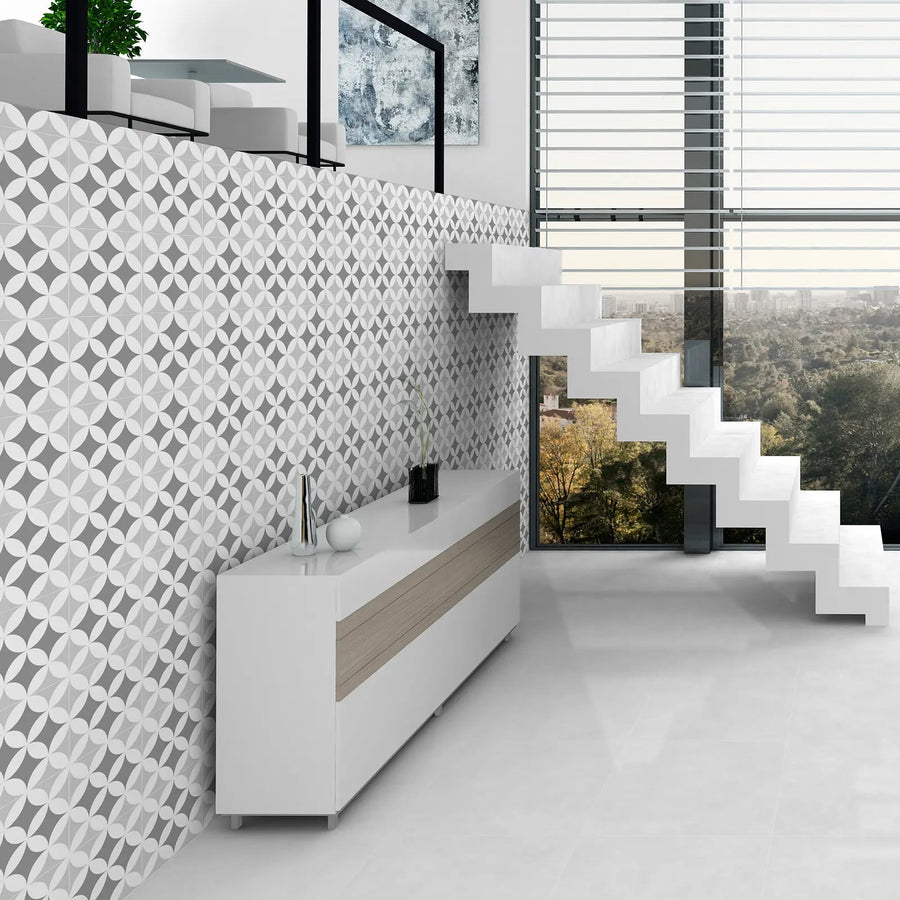 Barcelona Triumph Pattern 25 x 25cm porcelain tile room setting