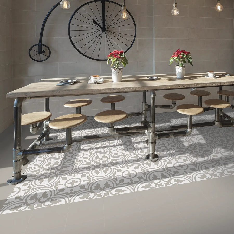Barcelona Sand Pattern 25 x 25cm patterned porcelain tile room setting