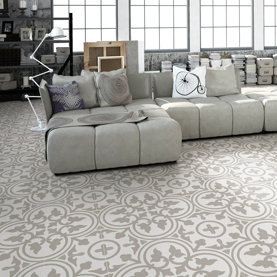 Barcelona Sand Pattern 25 x 25cm patterned porcelain tile room setting