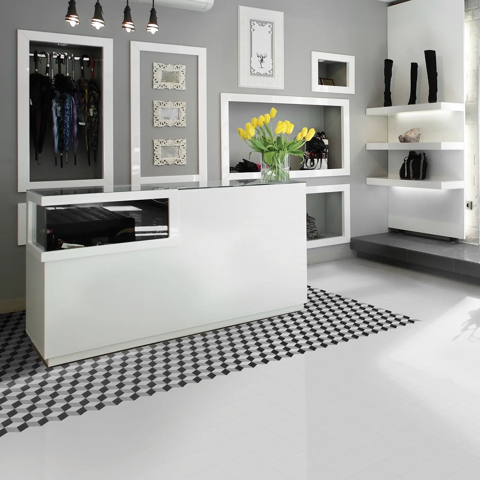 Barcelona Cube Pattern 25 x 25cm patterned porcelain tile room setting