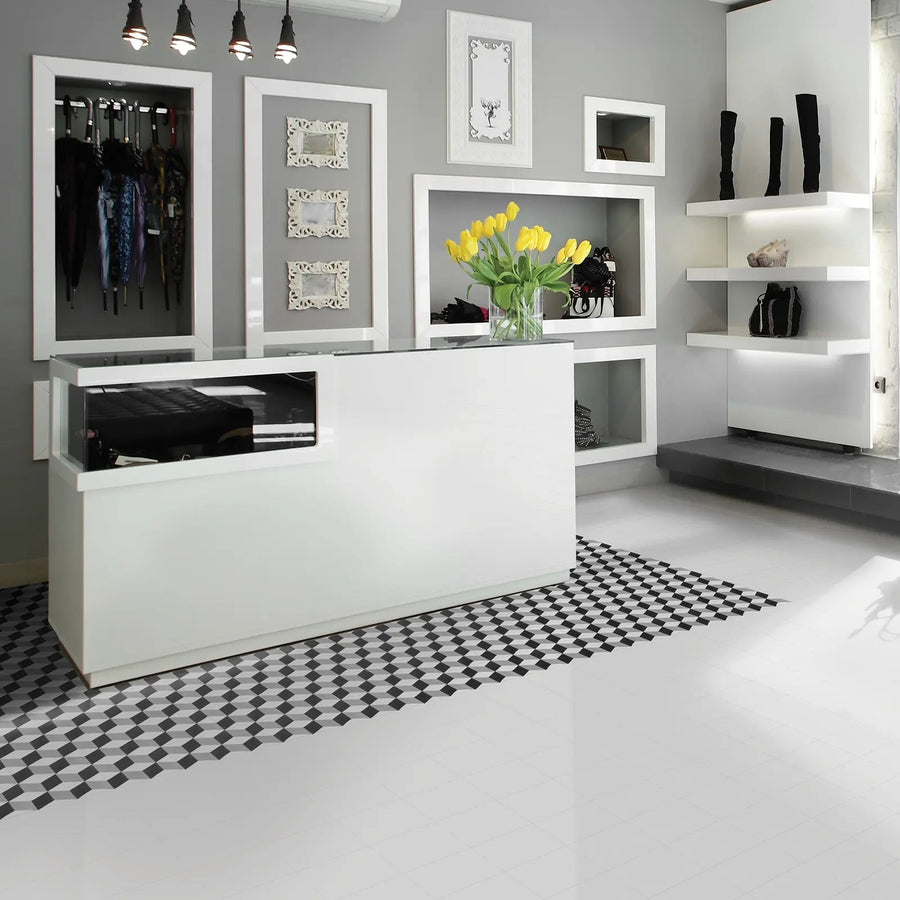 Barcelona Cube Pattern 25 x 25cm patterned porcelain tile room setting
