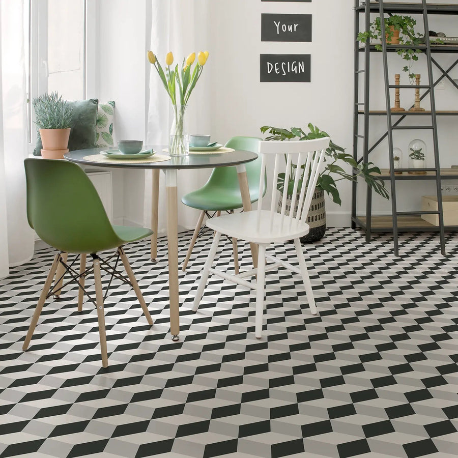 Barcelona Cube Pattern 25 x 25cm patterned porcelain tile room setting