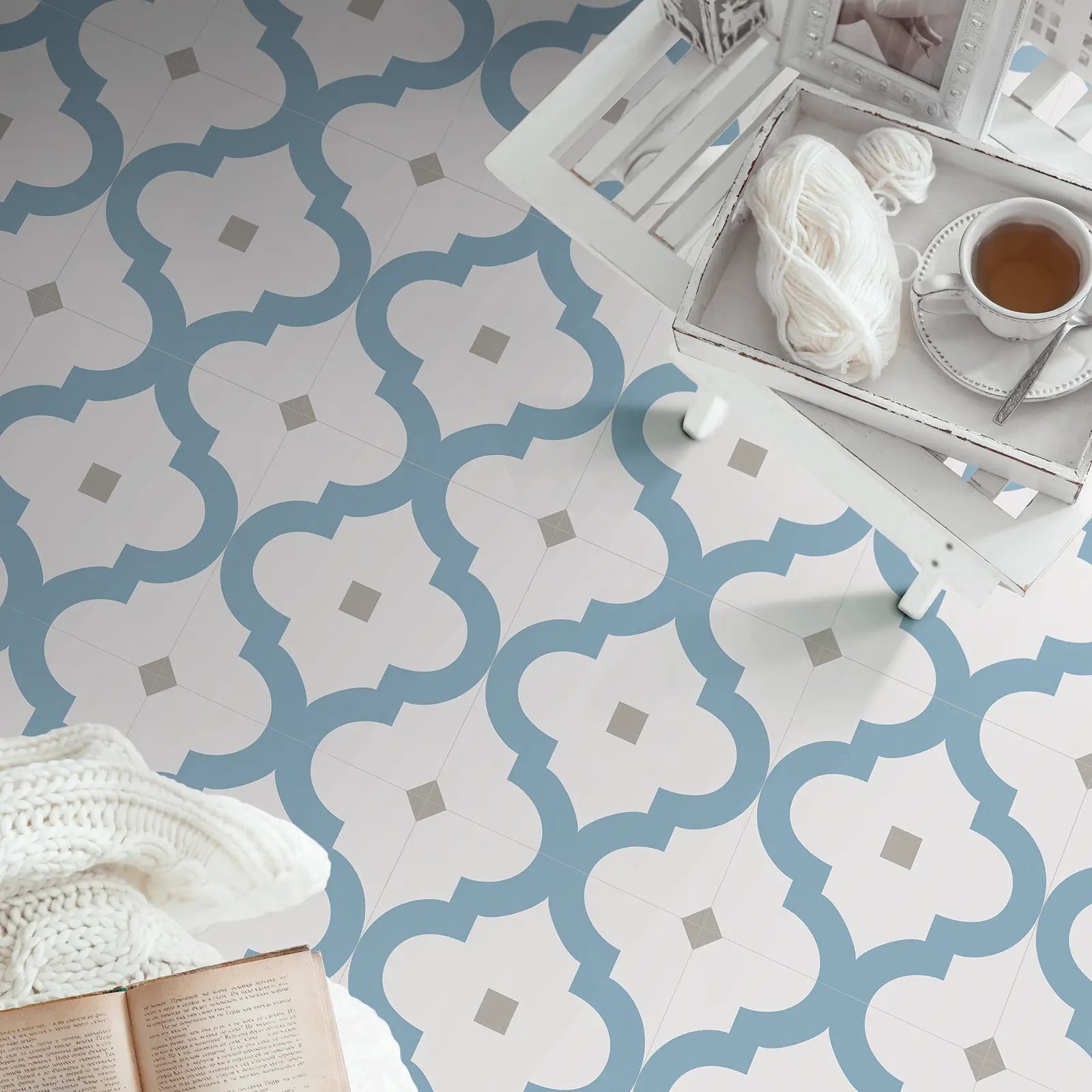 Barcelona Greco Pattern 25 x 25cm patterned porcelain tile room setting