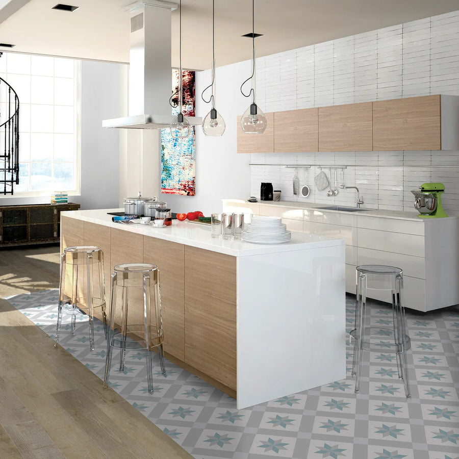 Barcelona Star Pattern 25 x 25cm patterned porcelain tile room setting