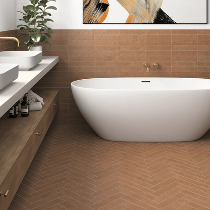 Sutton Clay 6 x 30cm stone-effect porcelain tiles shown in a room setting