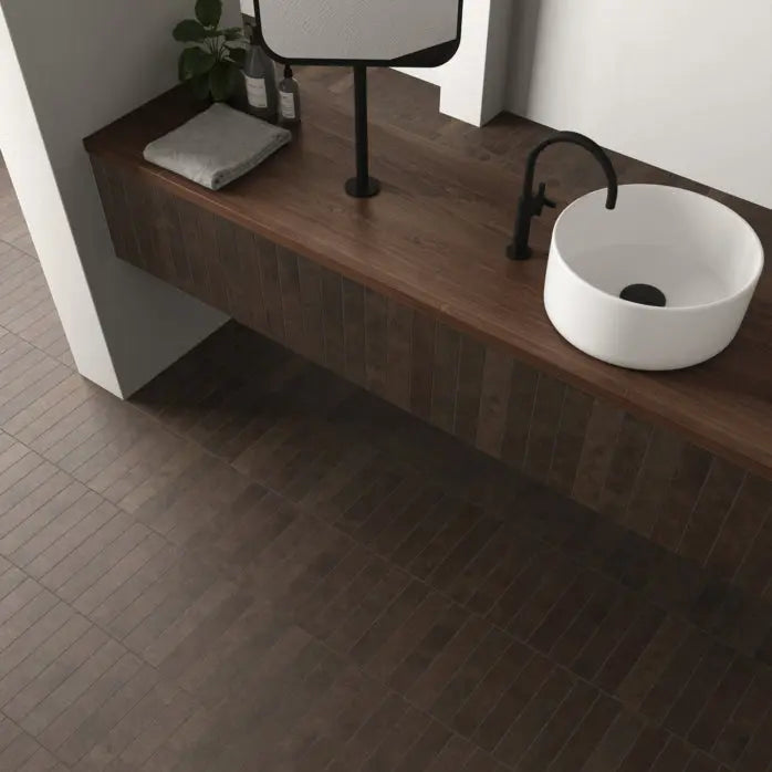 Sutton Cocoa brown kit-kat porcelain tiles on an interior wall