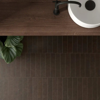 Sutton Cocoa stone-effect porcelain tiles in a bathroom setting
