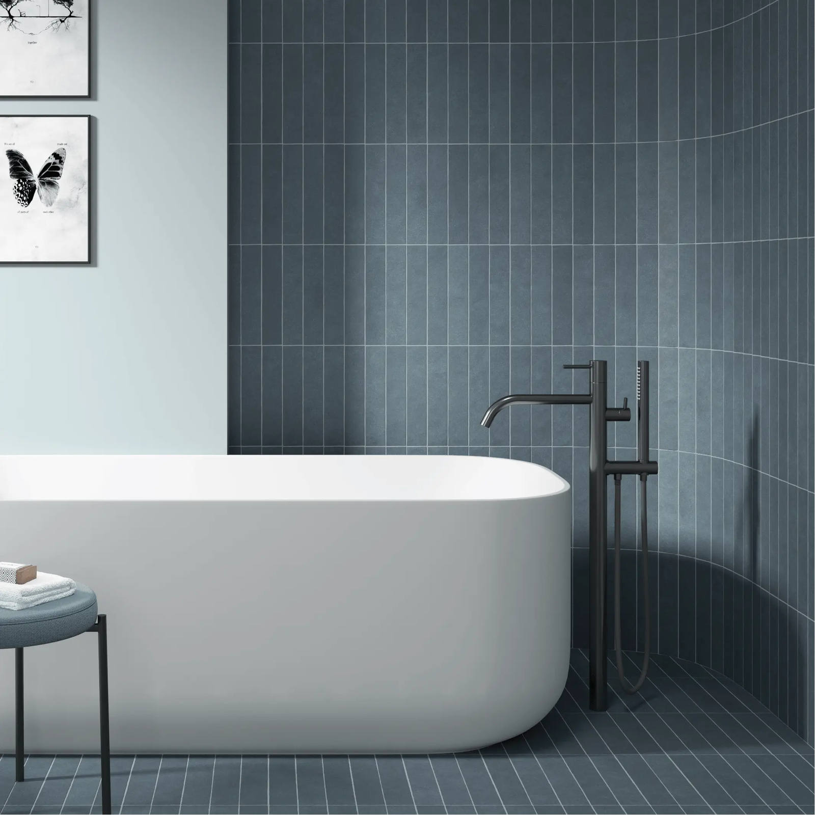 Sutton Denim 6 x 30cm Porcelain Tile in a bathroom setting