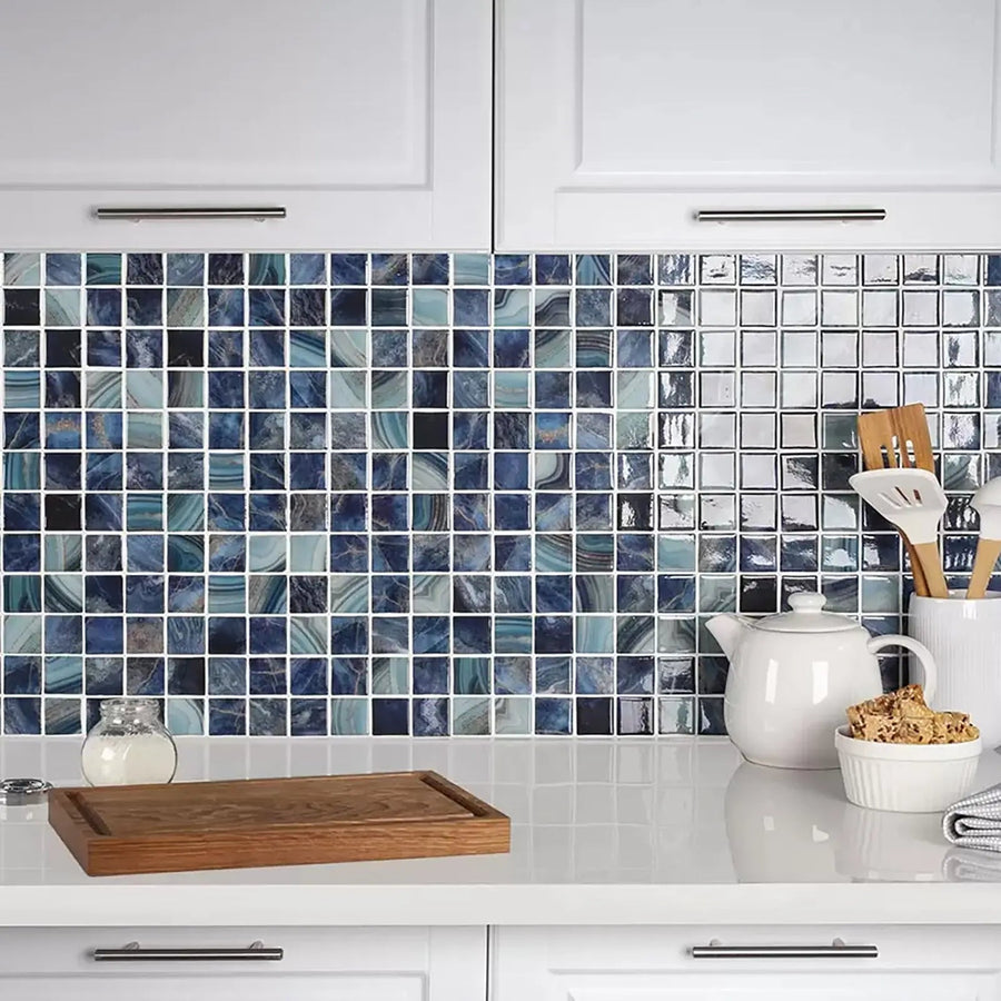 Nature Royal blue glass mosaic tile in a bathroom setting
