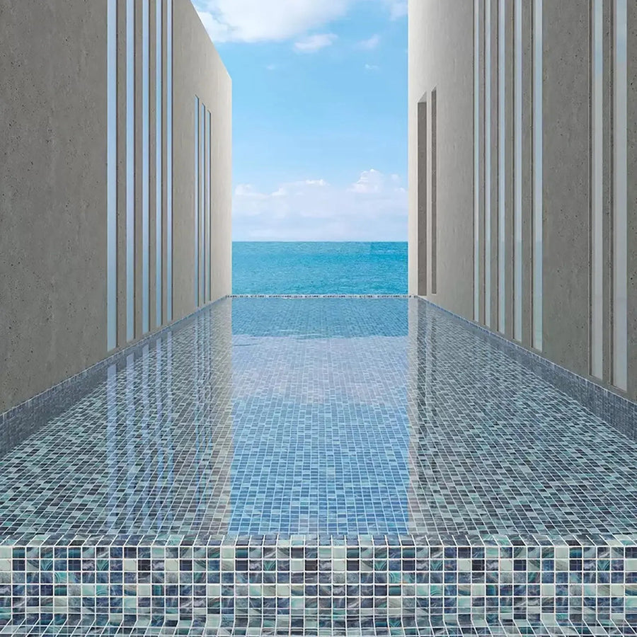 Nature Royal blue glass mosaic tile in a pool setting