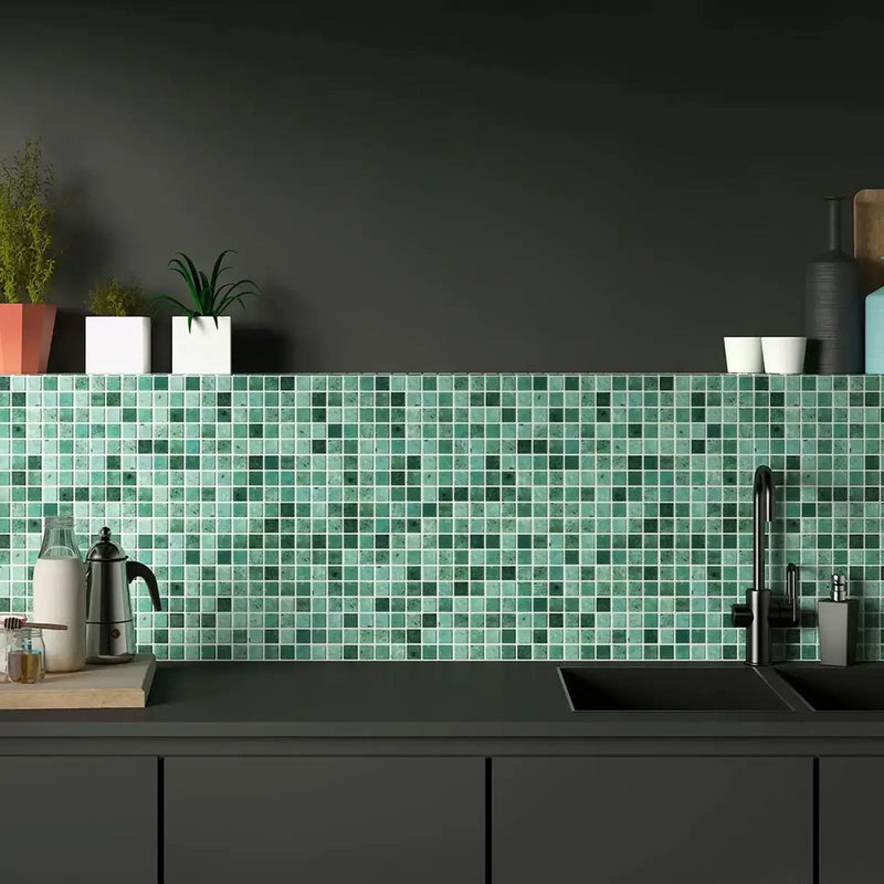 Nature Bali Matt green glass mosaic tile in a room setting