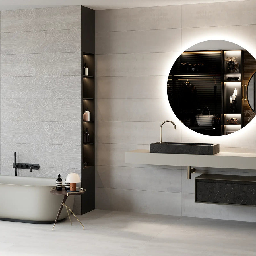 Ionic White 60 x 120cm porcelain metal effect tile room setting