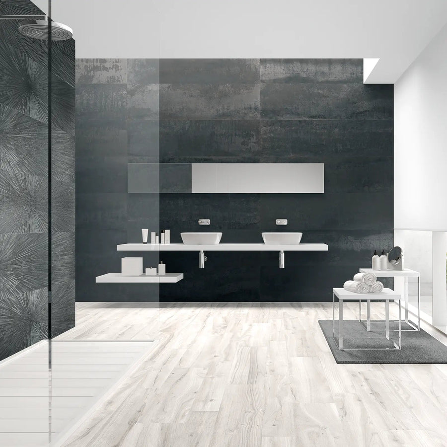 Ionic Steel 30 x 120cm porcelain metal effect tile room setting
