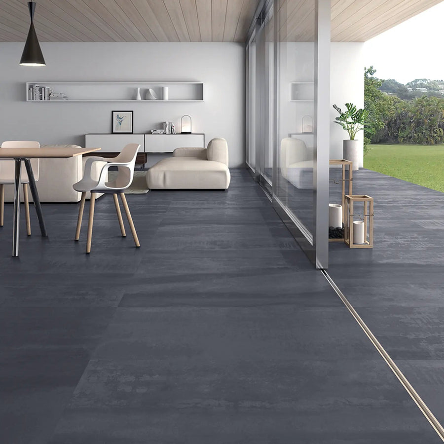 Ionic Steel 30 x 120cm porcelain metal effect tile room setting