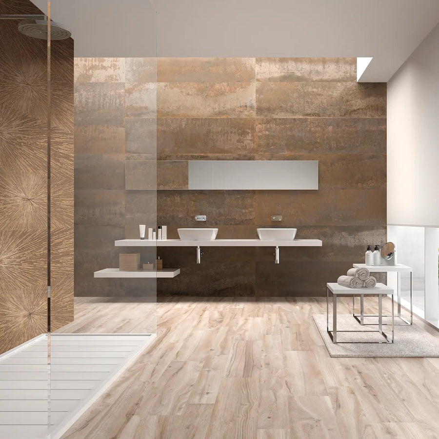 Ionic Copper 30 x 120cm porcelain metal effect tile room setting
