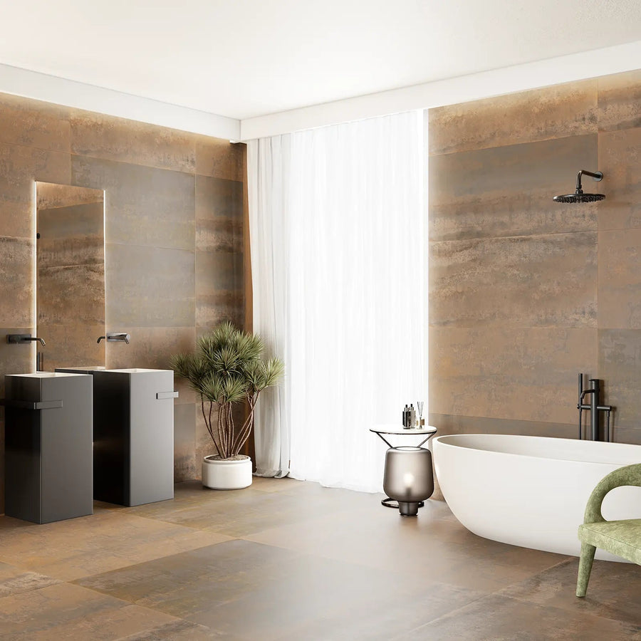 Ionic Copper 60 x 120cm porcelain metal effect tile room setting