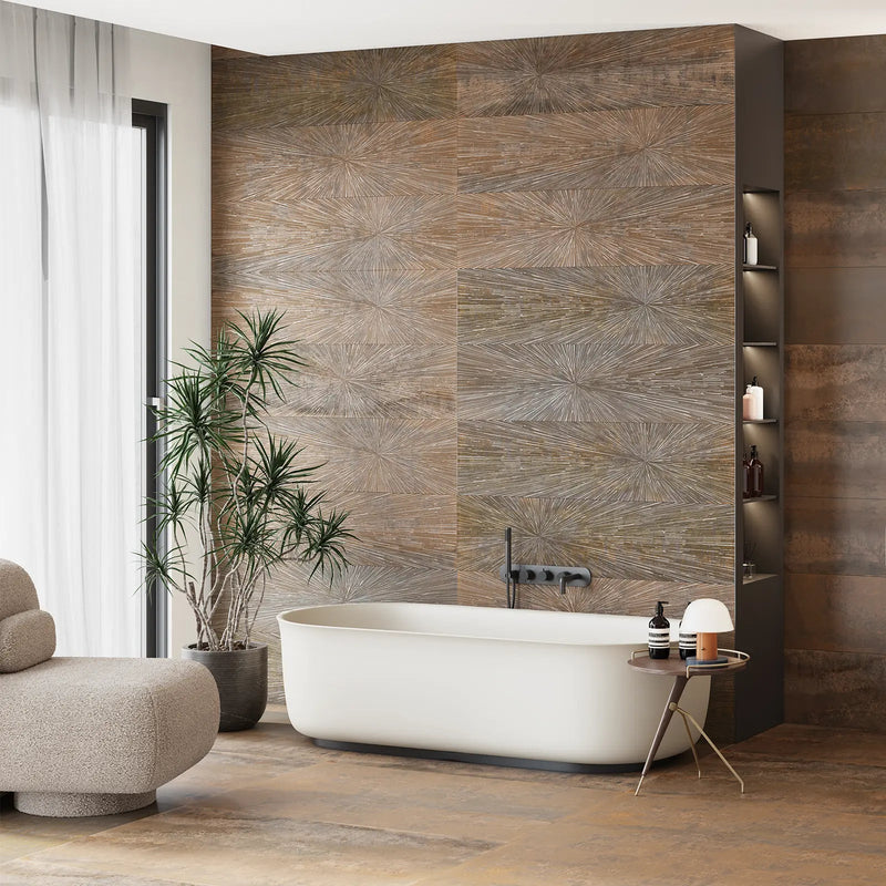 Ionic Copper Impact Décor 30 x 120cm decorative porcelain tile room setting