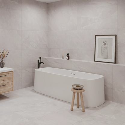 Solide Stone grey stone effect porcelain tiles laid in a contemporary room setting