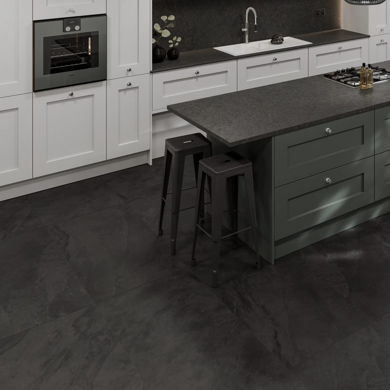 Solide Charcoal dark stone effect porcelain tiles in a contemporary room setting