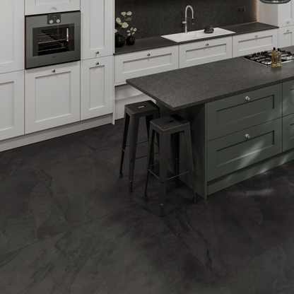 Solide Charcoal dark stone effect porcelain tiles in a contemporary room setting