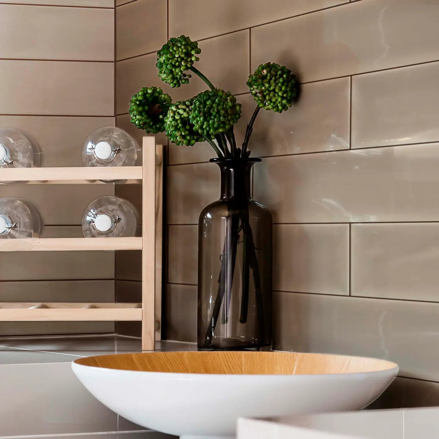 Aria Brown Gloss 10 x 30cm glazed ceramic metro tile room setting