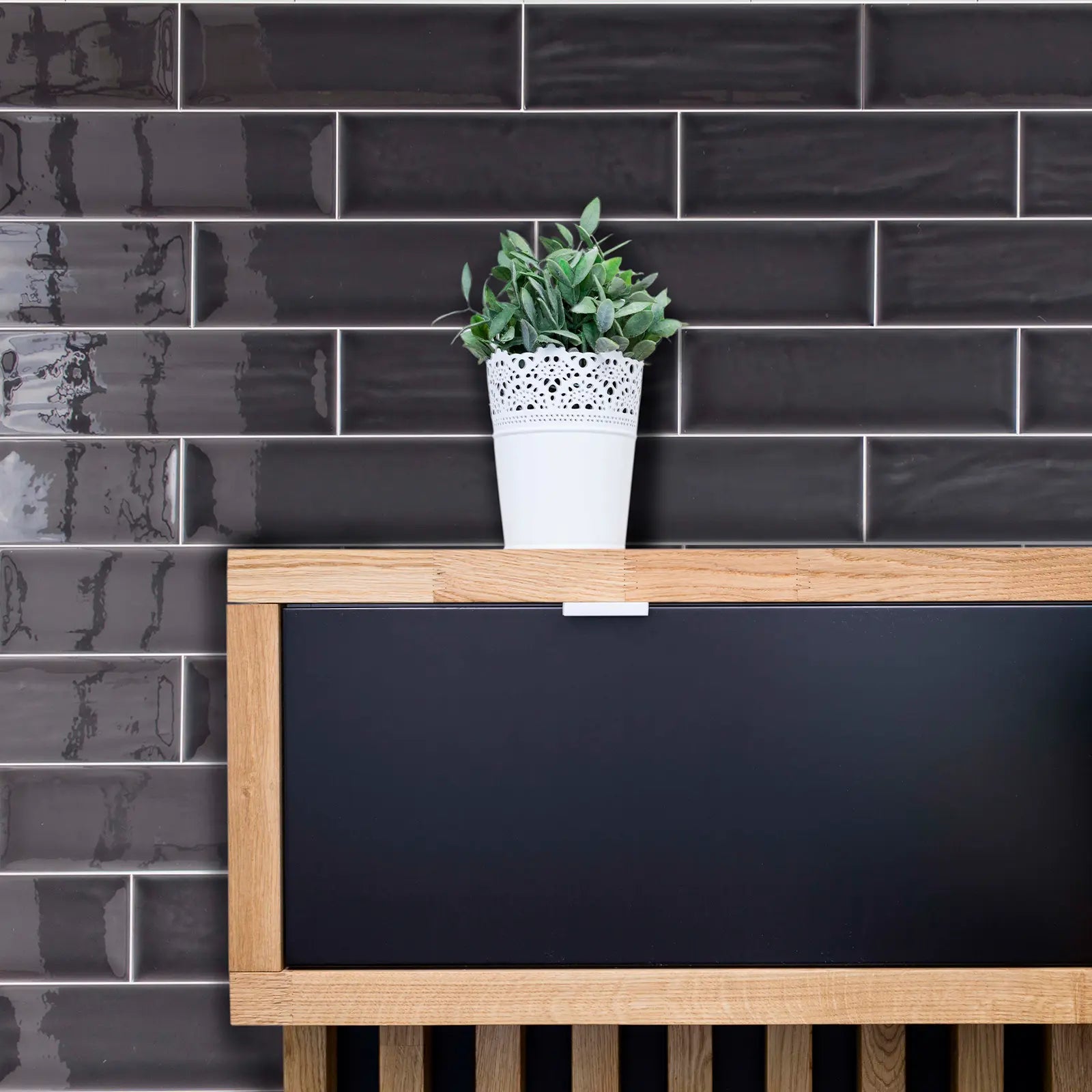 Aria Black Gloss 10 x 30cm glazed ceramic metro tile room setting