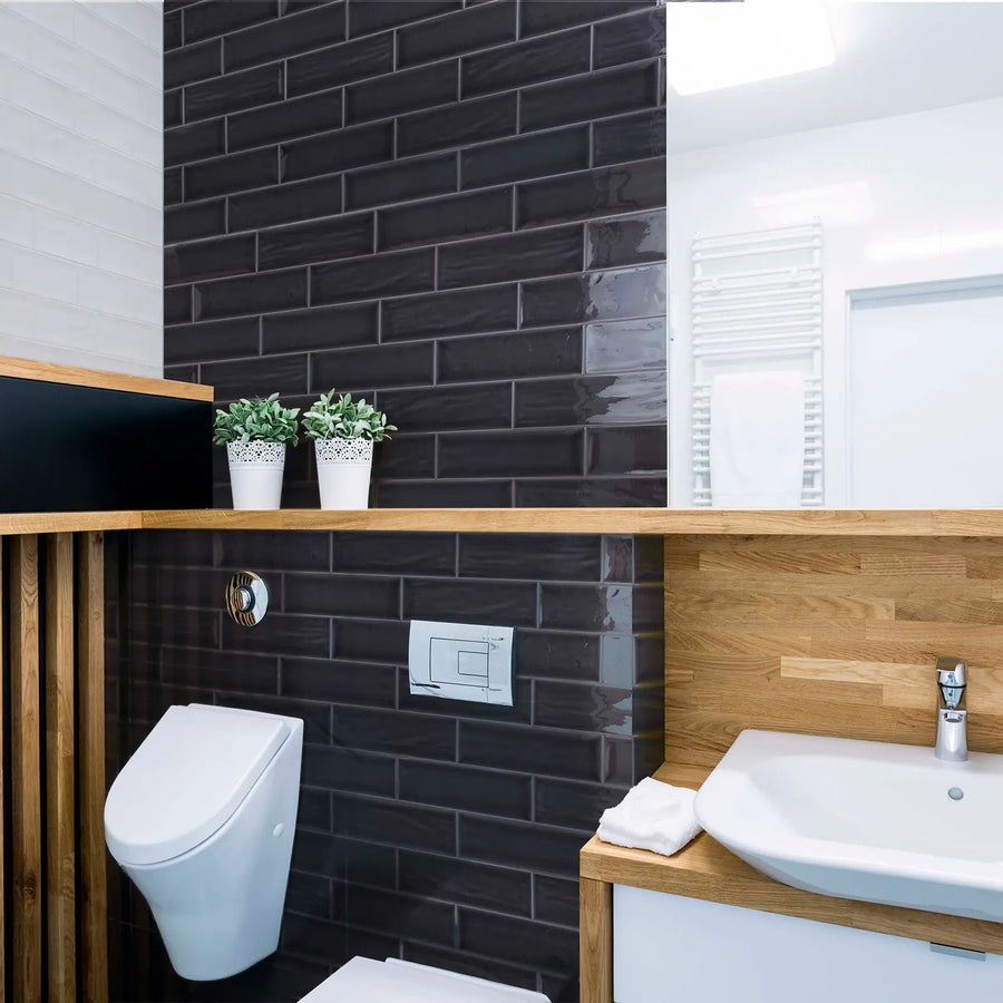 Aria Black Gloss 10 x 30cm glazed ceramic metro tile room setting
