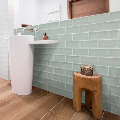 Aria Green Gloss 10 x 30cm glazed ceramic metro tile room setting