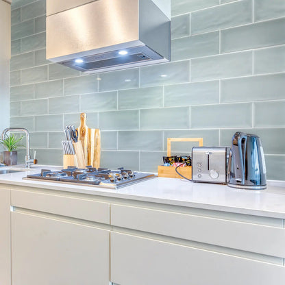 Aria Duck Egg Matt 10 x 30cm glazed ceramic metro tile room setting