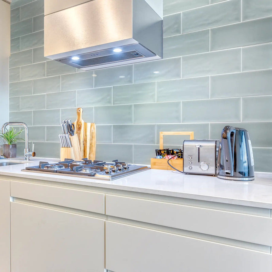 Aria Duck Egg Matt 10 x 30cm glazed ceramic metro tile room setting